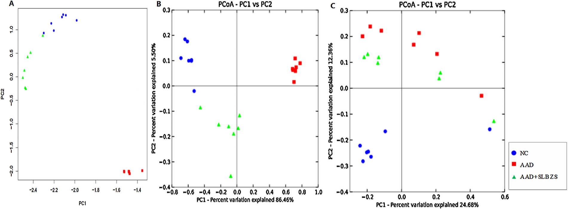 ，AAD组与NC组和AAD+SLBZS组相比